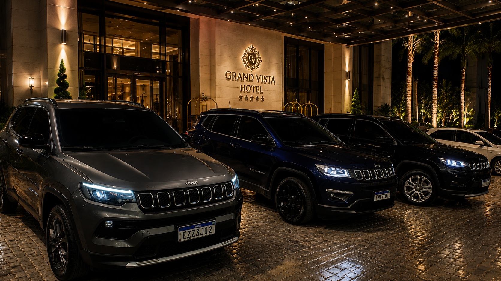 Frota de SUVs executivos na entrada de hotel cinco estrelas